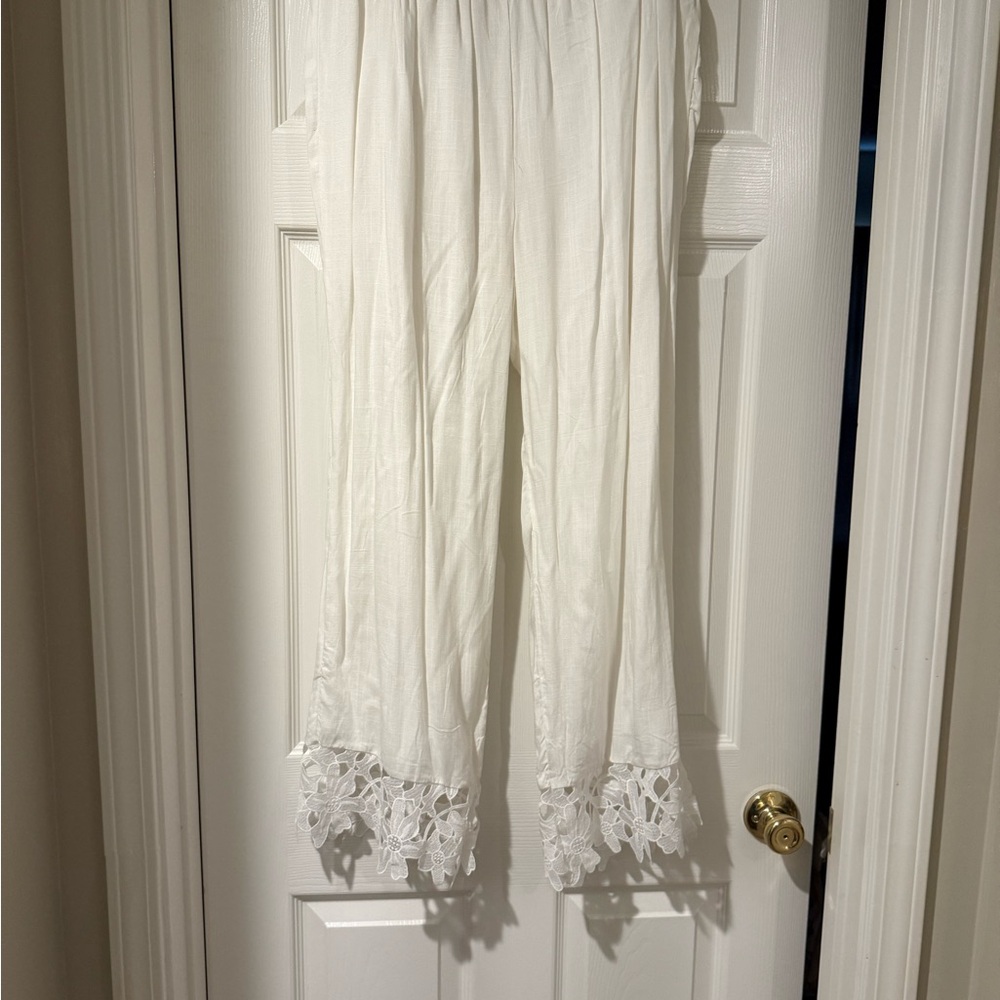 Elegant White Lace Trim Pants
